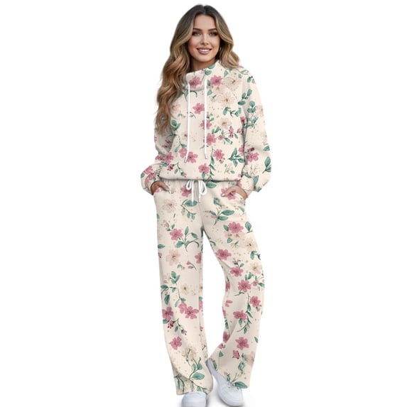 SCRAWLGOD Floral Print Pink Beige Lounge Sets for Women Turtleneck Pullover Sweatshirt Wide Leg Sweatpants Fashion 2 Piece Outfits Casual Sweatsuit Comfortable Tracksuit, S
