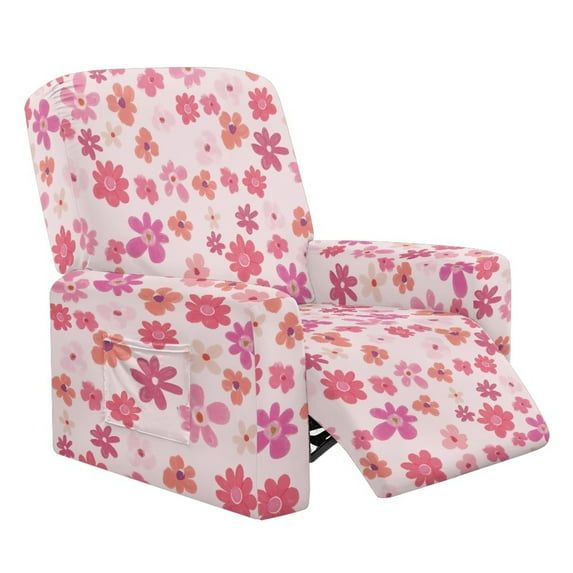 SCRAWLGOD Floral Print Pink Recliner Chair Cover, Washable 4-Pieces Stretch Recliner Covers for Recliner Chair Soft Durable Reclining Chair Slipcover Furniture Protector for Dogs Cats