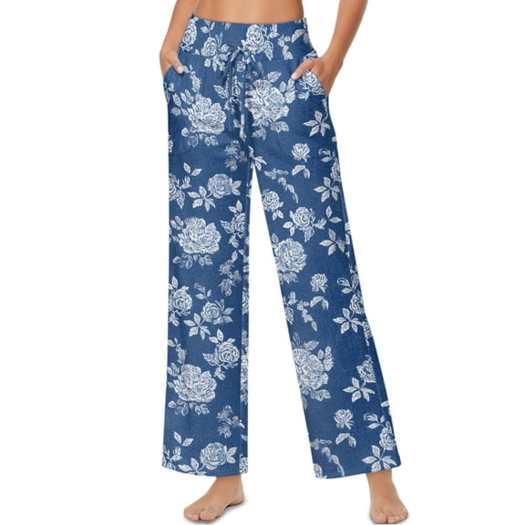 SCRAWLGOD Floral Print White Blue Womens Wide Leg Pants Elastic High Waisted Casual Slacks Soft Flowy Office Business Work Palazzo Trousers Pants with Pockets, L