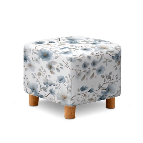 SCRAWLGOD Floral Print White Square Ottoman Cover Soft Fabric Ottoman Slipcover for Living Room Decor Stretchable Footrest Stool Covers for Square Ottomans