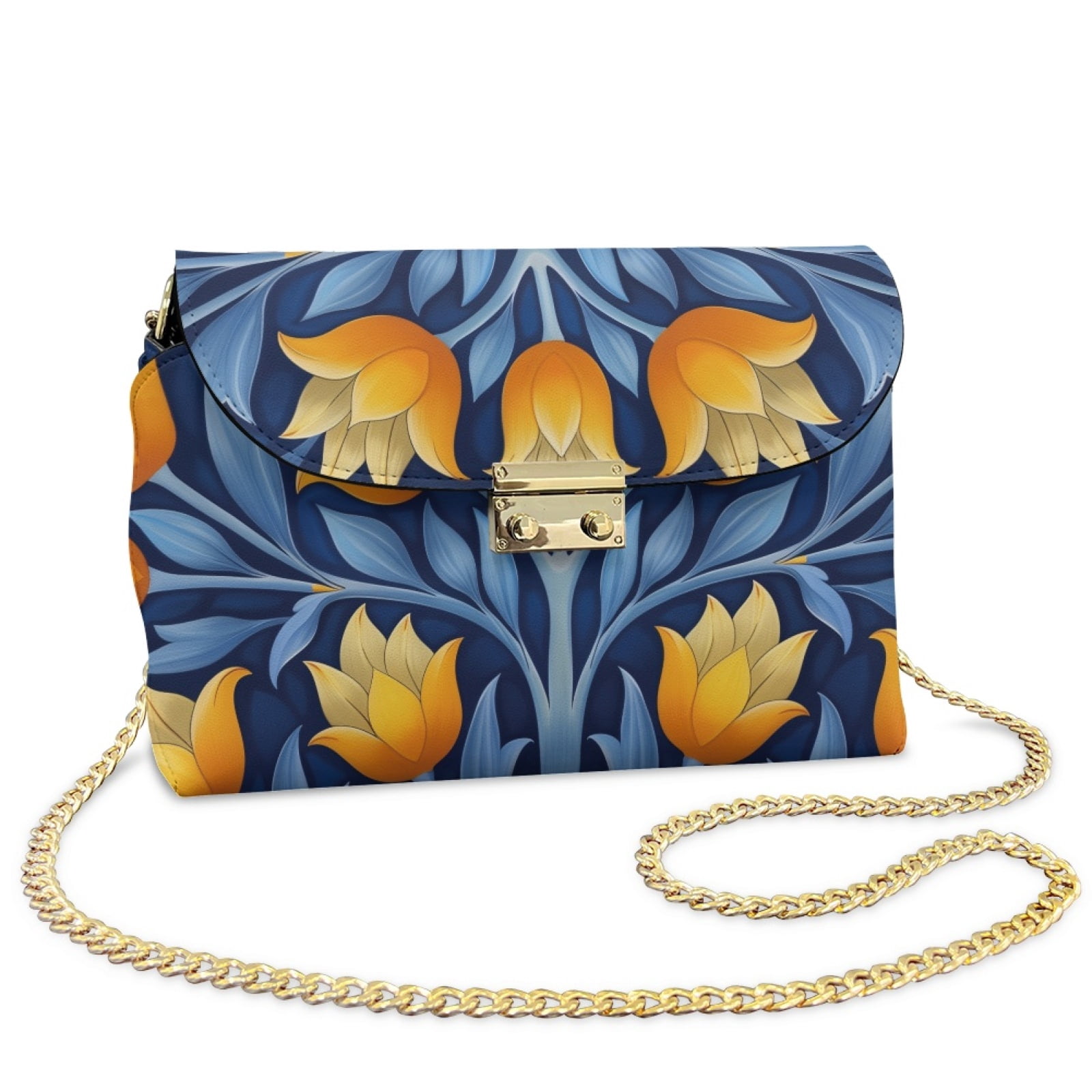 SCRAWLGOD Floral Print Yellow Blue Small Crossbody Purse, PU Leather Stylish Crossbody Bag, Stain Resistant Lightweight Cross Body Bag, Sling Bag with Purse for Women
