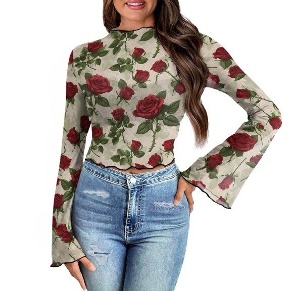 SCRAWLGOD Floral Rose Bell Sleeve Tops for Women Size S Casual Slim Shirts for Going Out Travel Summer Mock Neck Sheer Tops Long Sleeve Slim Shirts for Daily Wear