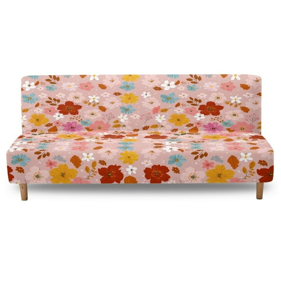 SCRAWLGOD Floral Spot Print Pink Armless Futon Cover Stretch Sofa Bed Slipcover Protector Elastic Futon Cover, Machine Washable Couch Covers with Elastic Bottom