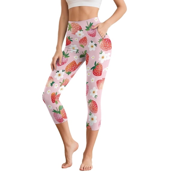 SCRAWLGOD Floral Strawberry Pink Women's Capri Leggings Slim Stretch High Waisted Capri Leggings with Pockets for Women Non See Through Tummy Control Yoga Pants, 3XL