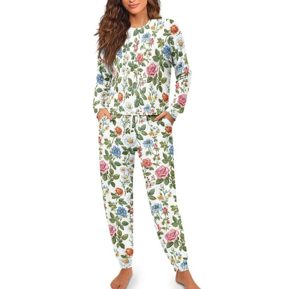 SCRAWLGOD Floral Womens Pajamas Long Sleeve Sleepwear Sets for Women 2 Piece Outfits Crewneck Ladies Jogger Pjs Set Washable House Wear for Women Size Large