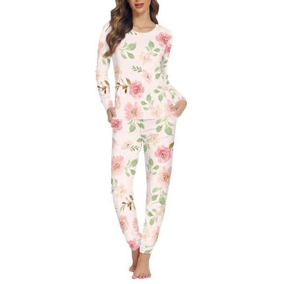 SCRAWLGOD Floral Womens Pjs Sets for Women Long Sleeve and Pants Pajama Set with Pockets Size XL Crewneck Ladies 2 Piece Pajamas Breathable Nightwear Set