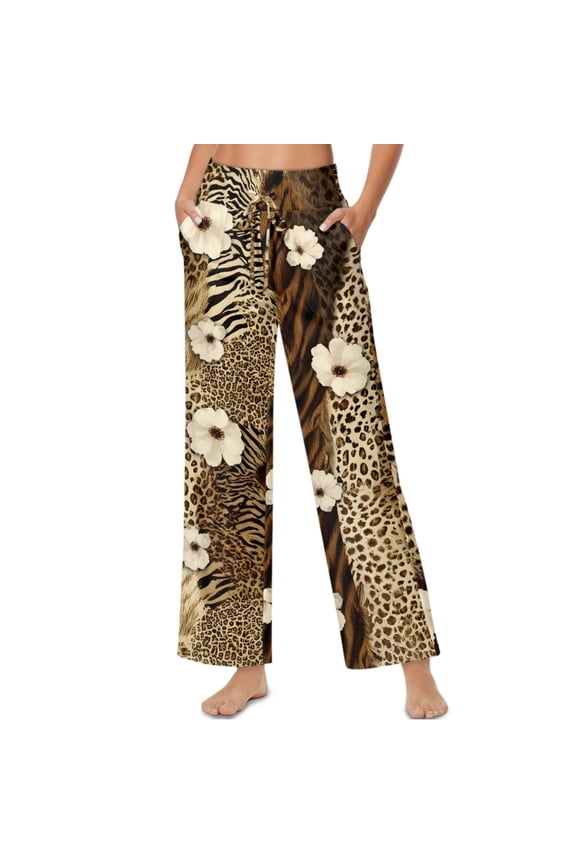 Floral Zebra Leopard Print Beige Women's Palazzo Lounge Pants Stretchy Comfy Wide Leg Casual Pants Trendy Soft High Waisted Flowy Pants with Side Pockets, S