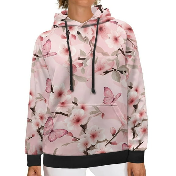 SCRAWLGOD Flower Butterfly Pullover Hoodie Women Long Sleeve Tops for Women Workout Comfortable Hoodies for Women Trendy Drawstring Sweatshirt Women Graphic Size XS