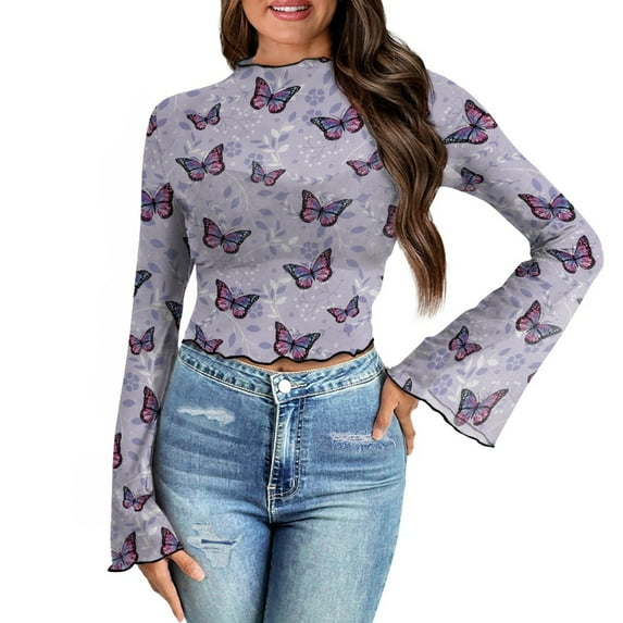 SCRAWLGOD Flower Butterfly Women Bell Sleeve Tops Size S 70's Flowy Long Sleeve Tops Mock Neck Tops for Ladies Casual Flare Sleeve Blouse for Party Going Out