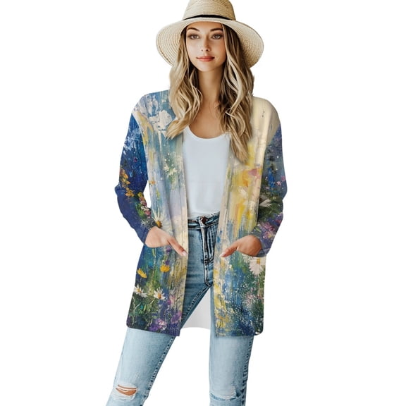SCRAWLGOD Flower Dressy Cardigans for Women Long Sweater Jackets for Women Trendy Size L Long Sleeve Womens Sweater Jackets Casual Washable Women's Cardigan Sweaters for Fall