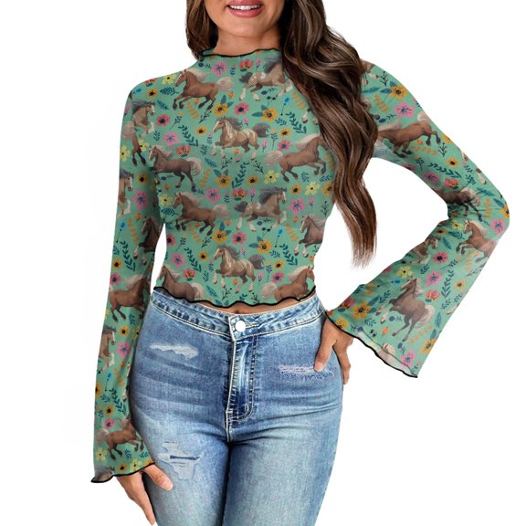 SCRAWLGOD Flower Horse Women Bell Sleeve Tops Size M Long Sleeve Lettuce Trim Shirts Summer Blouse Casual Flare Sleeve Blouse Suitable for Going Out Travel