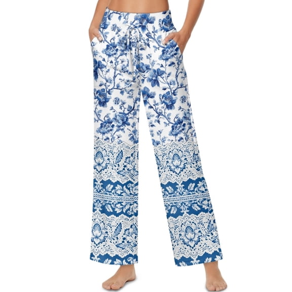 SCRAWLGOD Flower Leaf Print Blue White Womens High Waist Casual Pants Drawstring Wide Leg Vacation Cozy Lounge Trousers Trendy Flowy Loose Slacks with Side Pockets, XL