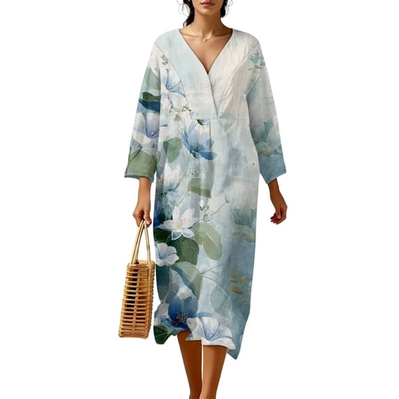 SCRAWLGOD Flower Leaf Print Blue White Womens V-Neck Casual Tunic Summer Dresses 3/4 Sleeve Loose Vacation Midi Dress for Travel, Streetwear, XL