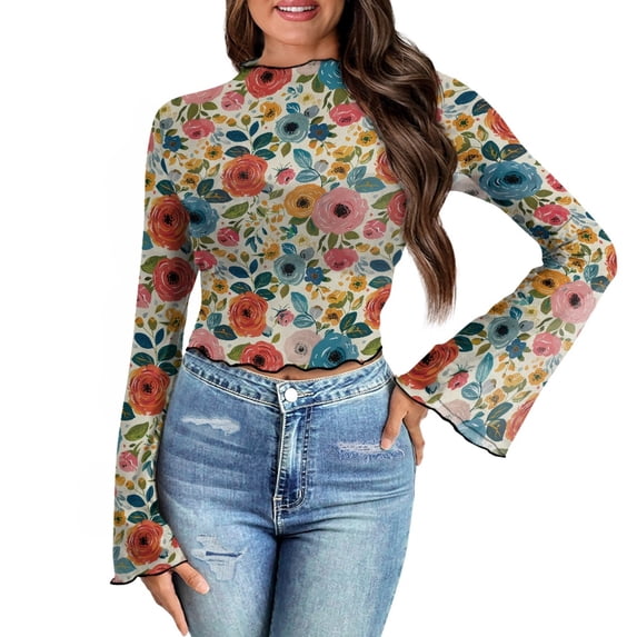 SCRAWLGOD Flower Leaf Women Bell Sleeve Tops Size M Mock Neck Sheer Tops for Ladies Long Sleeve Lettuce Trim Blouse Aesthetic Slim Shirts for Daily Wear
