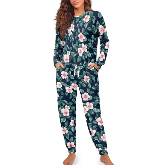 SCRAWLGOD Flower Leaf Women Pajamas Long Sleeve Pajama Sets for Women 2 Piece Lounge Size S Crewneck Jogger Pjs Women Lightweight Women's Soft Loungewear