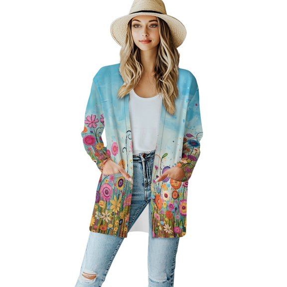 SCRAWLGOD Flower Long Sleeve Cardigan for Women Lightweight Cardigan Sweater for Travel Stretchable Womens Cardigan with Pockets Size S Work Cardigan for Women Long