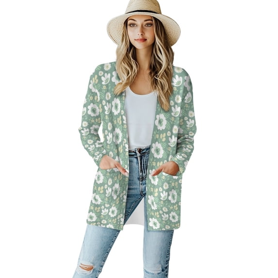 SCRAWLGOD Flower Long Sleeve Cardigan for Women Lightweight Jacket with Pockets Long Sleeve Cardigan Coats for Women Trendy Soft Lounge Cardigans for Women Vacation Size M