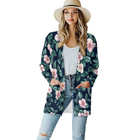 SCRAWLGOD Flower Long Sleeve Cardigan for Women Lightweight Sweaters Fall with Pockets Comfortable Womens Cardigans Dressy Casual Size S for Daily Life