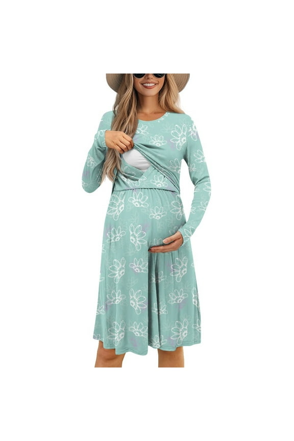 Flower Maternity Dress for Breastfeeding Dress Midi Dresses for Pregnant Women Clothes Long Sleeve Nursing Friendly Dress Size S Lightweight Ladies Swing Dresses