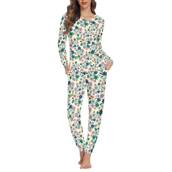 SCRAWLGOD Flower Pajama Set for Women Long Sleeve Pjs for Women Set Fall Clothing Size L Crewneck Ladies 2 Piece Pajamas Soft Women's Pajama Sets with Pockets