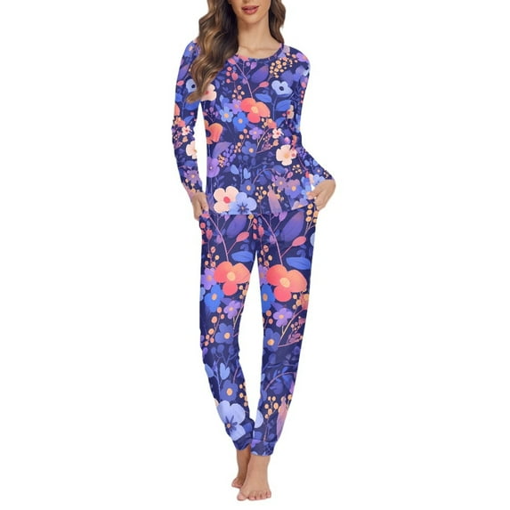 SCRAWLGOD Flower Pajamas for Women Set Long Sleeve Pj Set Women Jogger Sets Outfits 2 Piece Size L Crewneck Printed Pajama Set for Women Vocation Soft Fall Pajamas