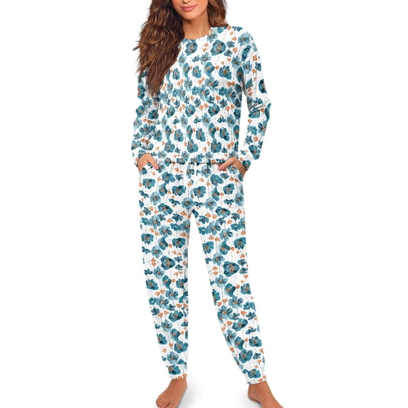 SCRAWLGOD Flower Pajamas for Women Set of 2 Pjs Women Long Sleeve Tops and Pants Crewneck Ladies Pj Size L Washable Womens Lounge Sets with Pockets