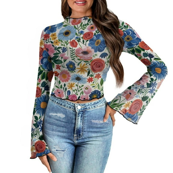 SCRAWLGOD Flower Plant Bell Sleeve Tops for Women Floral Size L Soft Slim Shirts for Daily Wear Long Sleeve Slim Tops Lightweight 70s Sheer Mesh Mock Neck Shirt