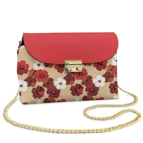 SCRAWLGOD Flower Print Beige Red Small Purses for Women Crossbody Bags, Lightweight PU Leather Mini Cross Body Purse Travel Shoulder Bag Sling Bag for Daily Life