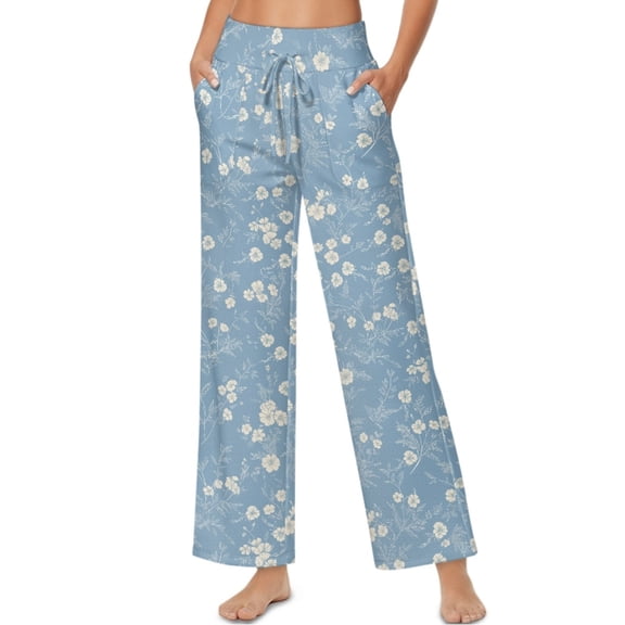 SCRAWLGOD Flower Print Blue Women's Wide Leg Long Pants Elastic High Waist Drawstring Casual Trousers Soft Stretch Lounge Lightweight Slacks with Pockets, XXL