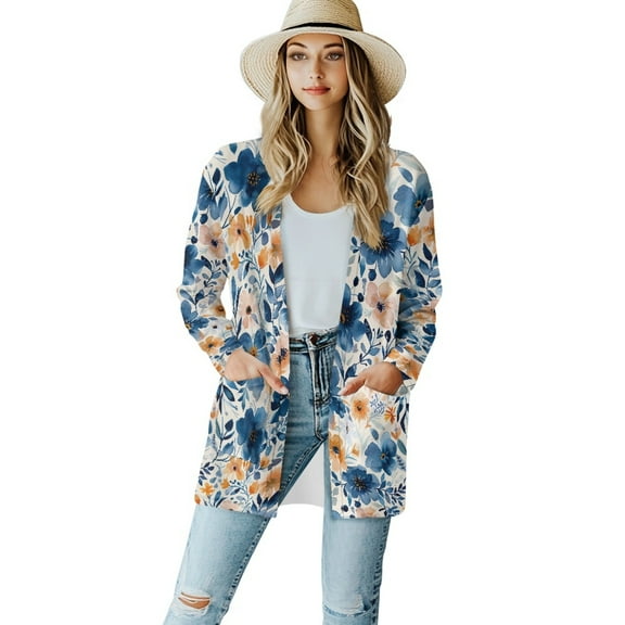 SCRAWLGOD Flower Print Cardigan Jackets for Women Trendy Graphic T Shirt Size XL Long Sleeve Sweatshirt Cardigan Women Open Front Elastic Work Cardigan for Women Long