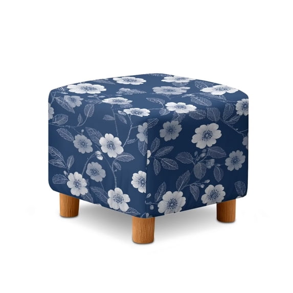 SCRAWLGOD Flower Print Navy Ottoman Cover Square, Folding Storage Ottoman Slipcovers, Stretch Footrest Foot Stool Covers Protector with Elastic Bottom for Pets