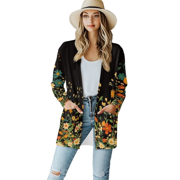SCRAWLGOD Flower Print Open Front Cardigan for Women Long Sleeve Cardigan with Pockets for Travel Comfortable Womens Cardigan Sweaters Dressy Size M Women Clothing Trendy