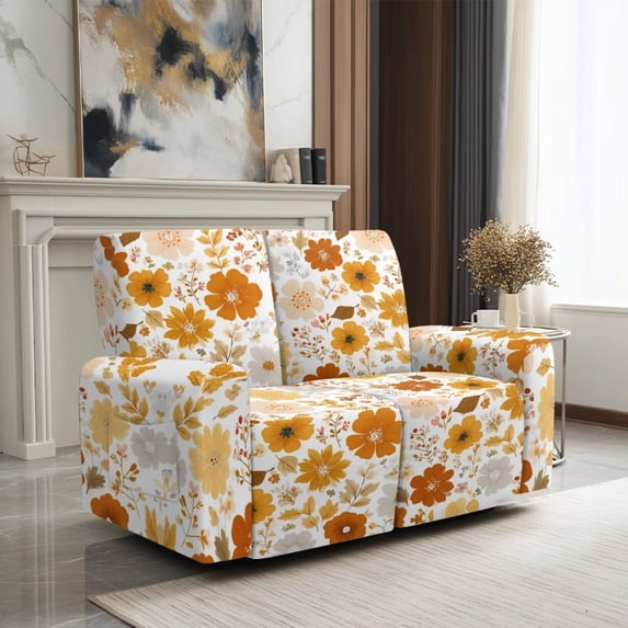 SCRAWLGOD Flower Print Stretch Recliner Loveseat Slipcover 6 Piece Recliner Cover with Pocket Washable Non Slip Reclining Cover