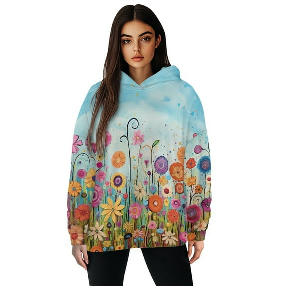 SCRAWLGOD Flower Print Womens Pullover Hoodie Sweatshirts for Women Trendy Graphic Long Sleeve Women's Plus Size M Sweatshirt Casual Active Wear for Women Fashion Party