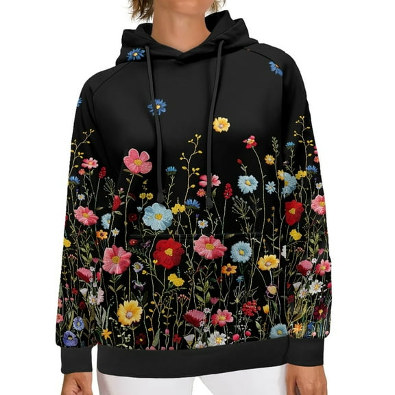 SCRAWLGOD Flower Woman Graphic Hoodies Pullover Graphic Sweaters for Women Trendy Size L Long Sleeve Ladies Hoodie Sweatshirts Washable Hooded Blouses Women Picnic