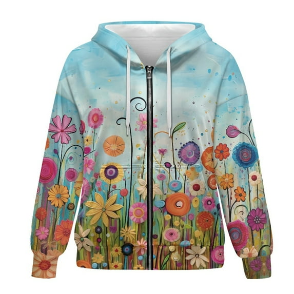 SCRAWLGOD Flower Women Hooded Zippered Sweatshirts for Women Lightweight Oversized Zip Up Hoodie Women Long Sleeve Zipup Hoodie Women Plus with Pockets Ladies Hoodies Zip Front Size M