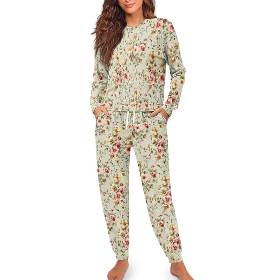 SCRAWLGOD Flower Womens Pajamas Long Sleeve Sleepwear Set of 2 Pjs Women Fall Clothing Size 2XL Crewneck Pajama with Pockets Elastic Women Lounge Set Soft