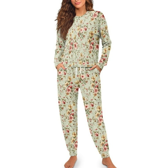 SCRAWLGOD Flower Womens Pajamas Long Sleeve Sleepwear Set of 2 Pjs Women Fall Clothing Size S Crewneck Pajama with Pockets Elastic Women Lounge Set Soft