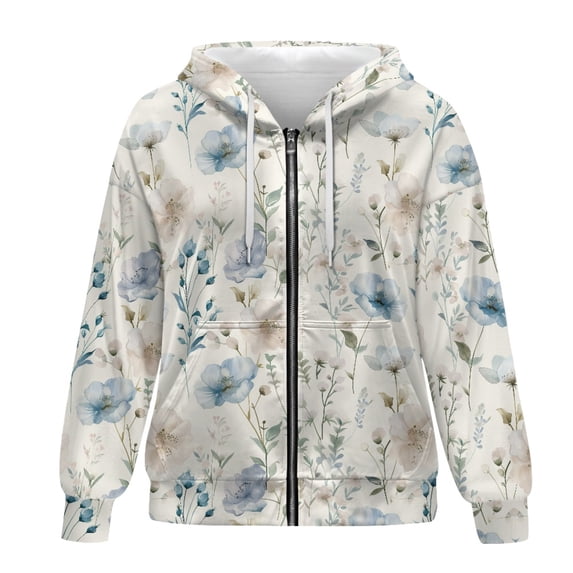 SCRAWLGOD Flower Zip Hoodies for Women Oversized Graphic Sweatshirt for Women Plus Size S Long Sleeve Women Outfits Casual Work Elastic Ladies Zip Up Hoodie Soft