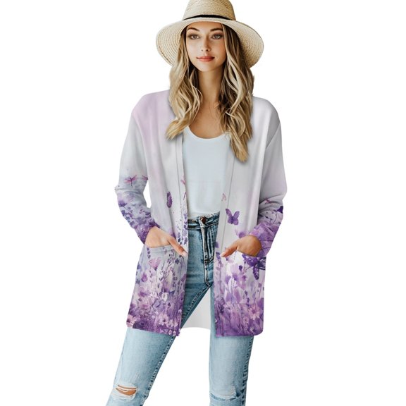 SCRAWLGOD Flowers Butterfly Cardigans for Women Trendy Long Sleeve Tops for Women Work Size L Comfortable Women's Fall Open Front Cardigan with Pockets for Daily Life