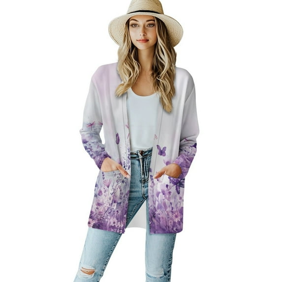 SCRAWLGOD Flowers Butterfly Cardigans for Women Trendy Long Sleeve Tops for Women Work Size M Comfortable Women's Fall Open Front Cardigan with Pockets for Daily Life