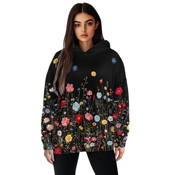 SCRAWLGOD Flowers Lightweight Pullover Hoodie Women Oversized Graphic Crewneck Sweatshirt Women Long Sleeve Womens Fall Hoodies Loose Ladies Hooded Sweaters Size S