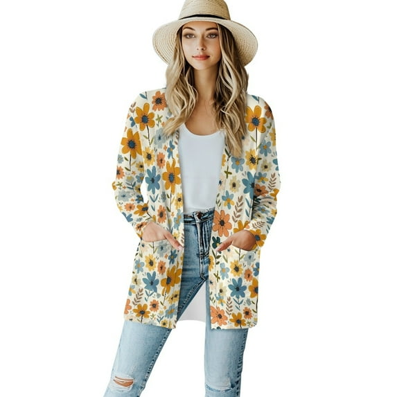 SCRAWLGOD Flowers Lounge Cardigans for Women Light Weight Sweatshirts for Women Casual Long Sleeve Women's Cardigan Sweaters Dressy Washable Sweater Cardigan Size 2XL