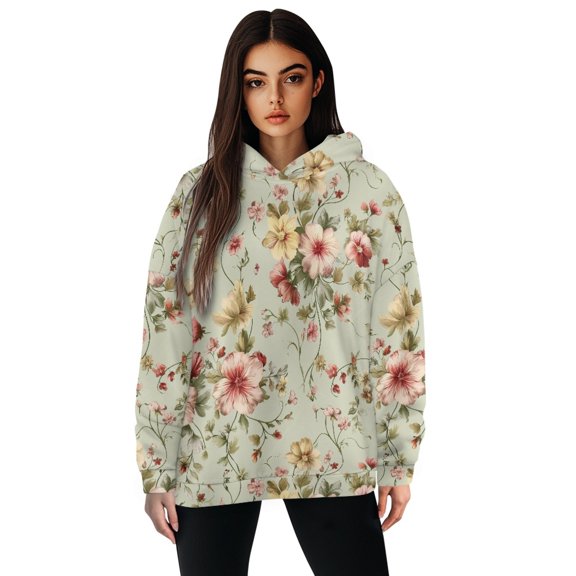 SCRAWLGOD Flowers Oversized Hoodies for Women Pullover Graphic Pullover Sweaters Long Sleeve Women's Pullover Hoodie Soft Ladies Hooded Sweatshirts Size L for Vacation