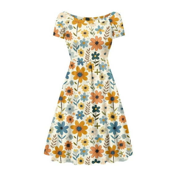 SCRAWLGOD Flowers Print Dresses for Women Plus Size XS Summer Dresses with Short Sleeves Crewneck Woman Dresses Casual Dressy Round Neck Swing Dresses for Holidays Size XS