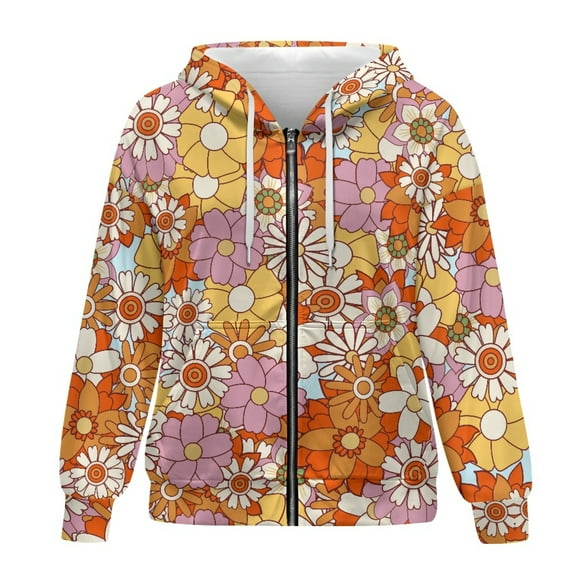 SCRAWLGOD Flowers Print Women Hooded Zip Up Hoodie Womens Plus Size S Trendy Tops Long Sleeve Zip Hoodie Women Soft Women's Zip Up Hoodie Oversized with Pockets for Hiking