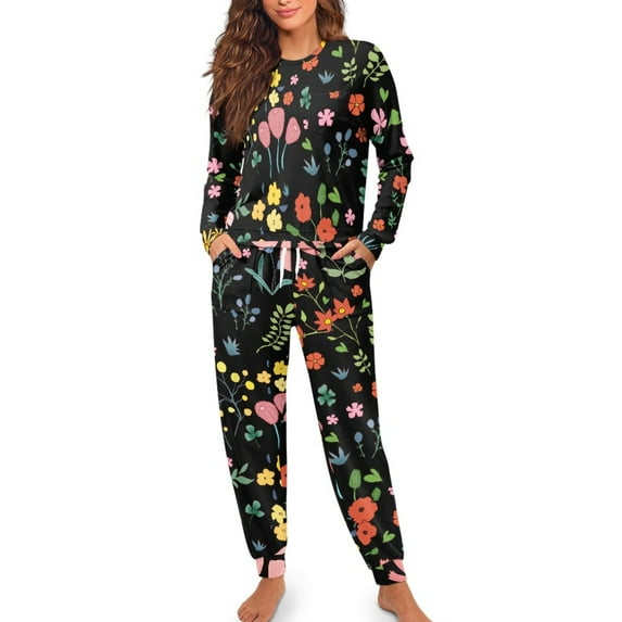 SCRAWLGOD Flowers Women 2 Piece Pajamas Sets for Women Soft Long Sleeve Pj Women Size 2XL Crewneck Jogger Pajama Set for Women Breathable Women Loungewear