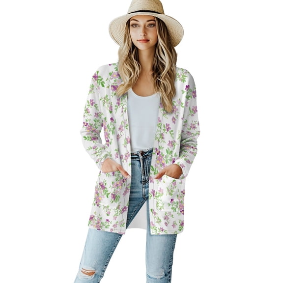 SCRAWLGOD Flowers Women's Open Front Cardigan Lightweight Jacket Women Casual Size L Long Sleeve Dressy Cardigans for Women Picnic Elastic Ladies Cardigan with Pockets