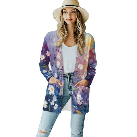 SCRAWLGOD Flowers Womens Long Cardigan Sweaters Lightweight Jacket Women Dressy Long Sleeve Work Cardigan for Women Office Casual Size 2XL Stretchy Women Clothes Trendy