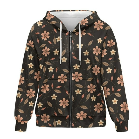 SCRAWLGOD Flowers Zip Up Hoodie Womens Plus Size Sweaters with Pockets Drawstring Graphic Zippered Hoodies for Women School Size XL Casual Ladies Light Weight Hoodie